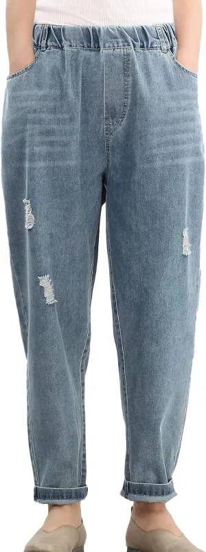 FTCayanz Women's Elastic Waist Cropped Jeans Baggy Drawstring Stretch Denim Pants with Pockets
