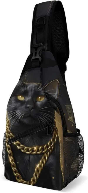 Funny Black Lucky Cat Money Dollar Sling Bag Casual Chest Bag Daypack Crossbody Fanny Pack Cross Body Bag for Outdoors Hiking Traveling