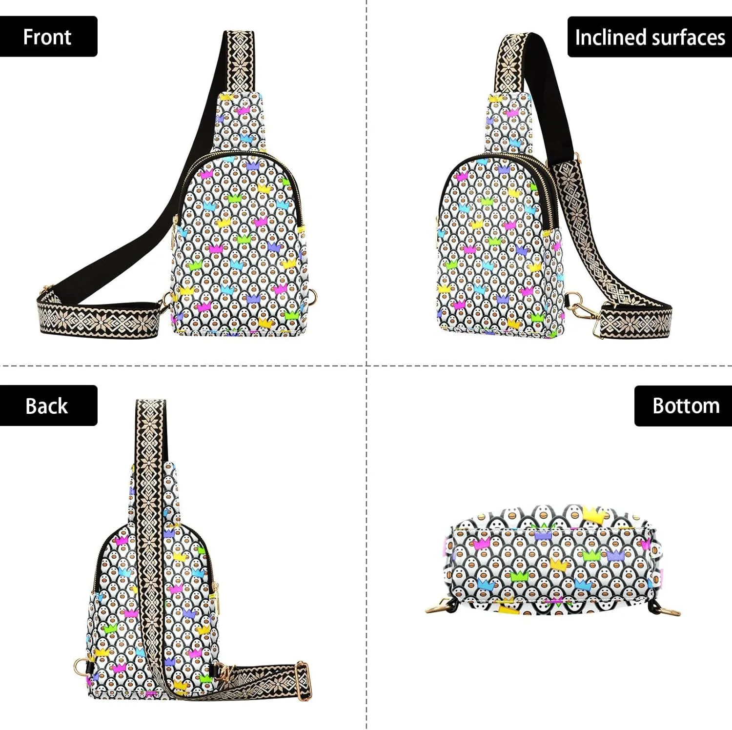 Funny Penguins Trendy Crossbody Bag Fashion Waist Packs Wear Party Hats Cross Body Leather Chest Bag for Women Fanny Pack Travel Outdoor Crossbody Sling Bag