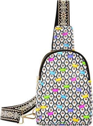 Funny Penguins Trendy Crossbody Bag Fashion Waist Packs Wear Party Hats Cross Body Leather Chest Bag for Women Fanny Pack Travel Outdoor Crossbody Sling Bag
