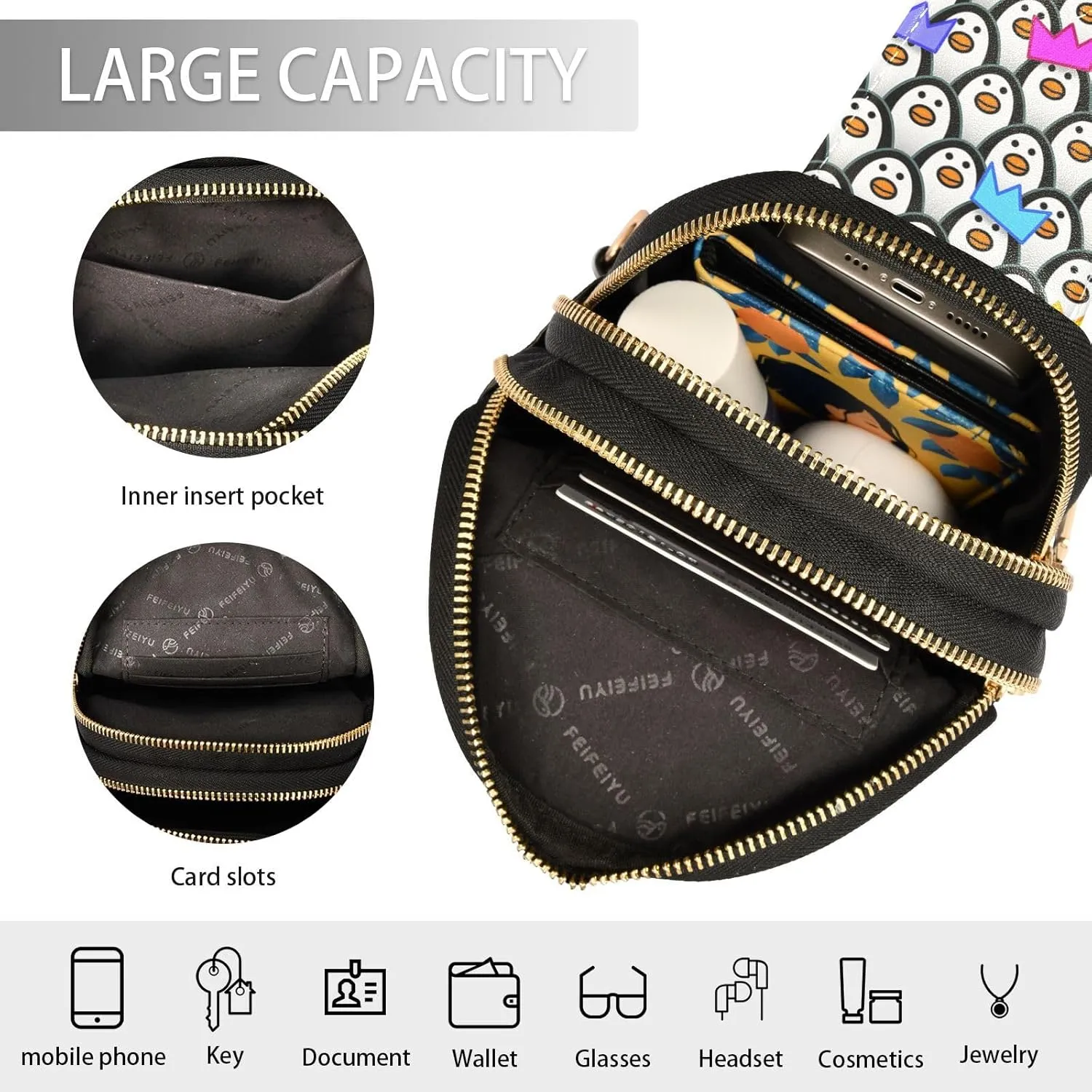 Funny Penguins Trendy Crossbody Bag Fashion Waist Packs Wear Party Hats Cross Body Leather Chest Bag for Women Fanny Pack Travel Outdoor Crossbody Sling Bag