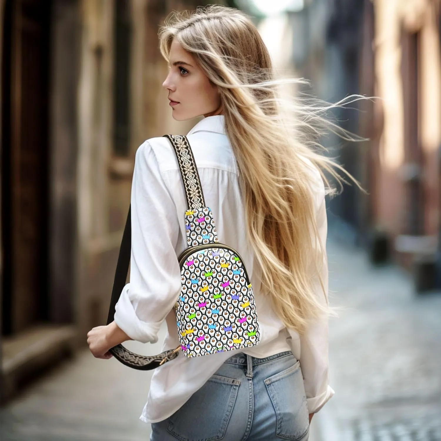 Funny Penguins Trendy Crossbody Bag Fashion Waist Packs Wear Party Hats Cross Body Leather Chest Bag for Women Fanny Pack Travel Outdoor Crossbody Sling Bag