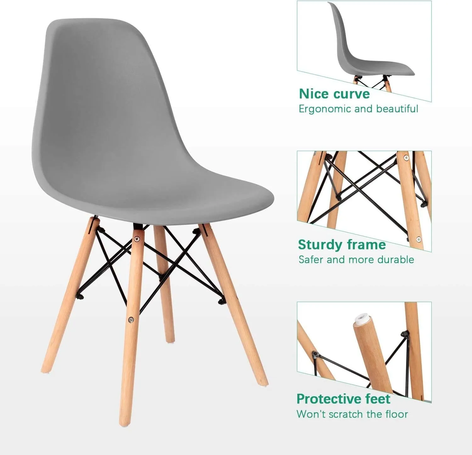 Furniwell Pre Assembled Modern Style Dining Chair Mid Century Modern DSW Chairs, Indoor Plastic Shell Lounge Plastic Side Chairs Set of 4 (Grey)