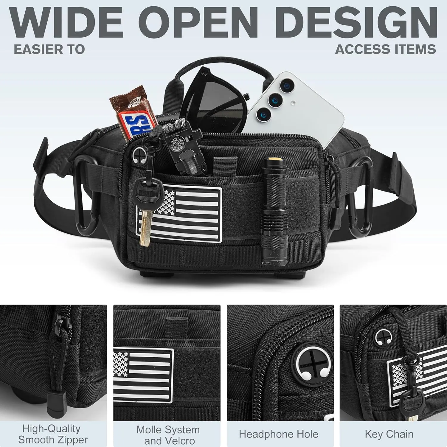 G4Free Tactical Fanny Pack Waist Bag for Men Women, Crossbody Bag Daypack for Walking/Cycling/Hiking (Black)