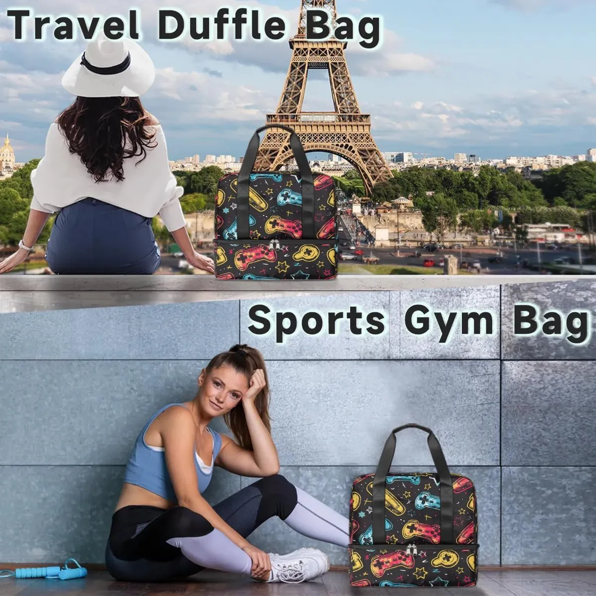 Game Controller theme Travel Duffel Bag Dry Wet Separated Sports Tote Travel Duffle Bag Gym Workout Bag Women Travel Duffel Bag for Women, Travel, Gym, Work