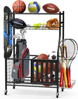 Garage Sports Equipment Organizer - Ball Storage Rack 2025 Large Capacity Sports Organizer for Garage with Hooks and Baskets, Steel Ball Organizer for Football, Soccer Ball, Bat, Toys