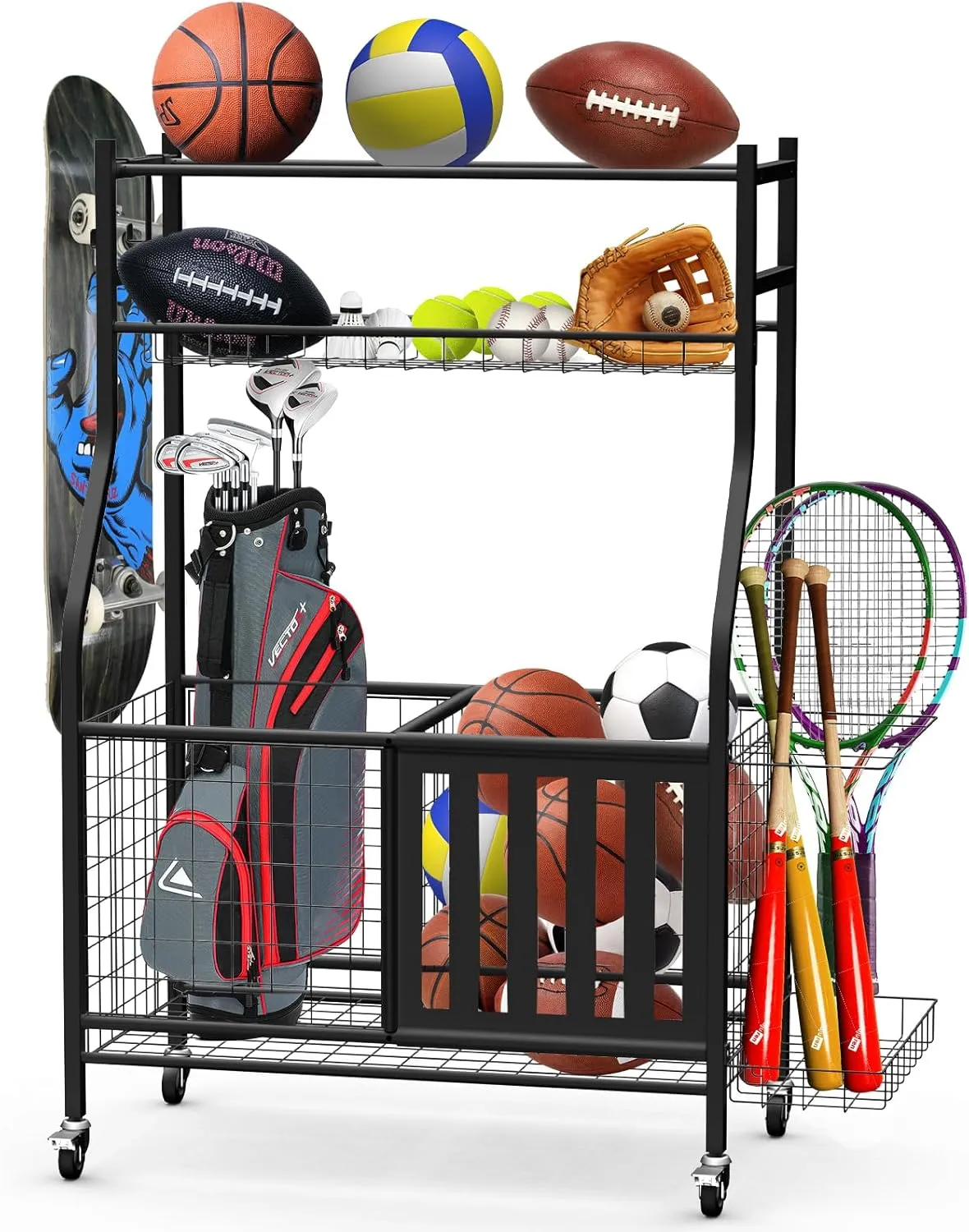 Garage Sports Equipment Organizer - Ball Storage Rack 2025 Large Capacity Sports Organizer for Garage with Hooks and Baskets, Steel Ball Organizer for Football, Soccer Ball, Bat, Toys