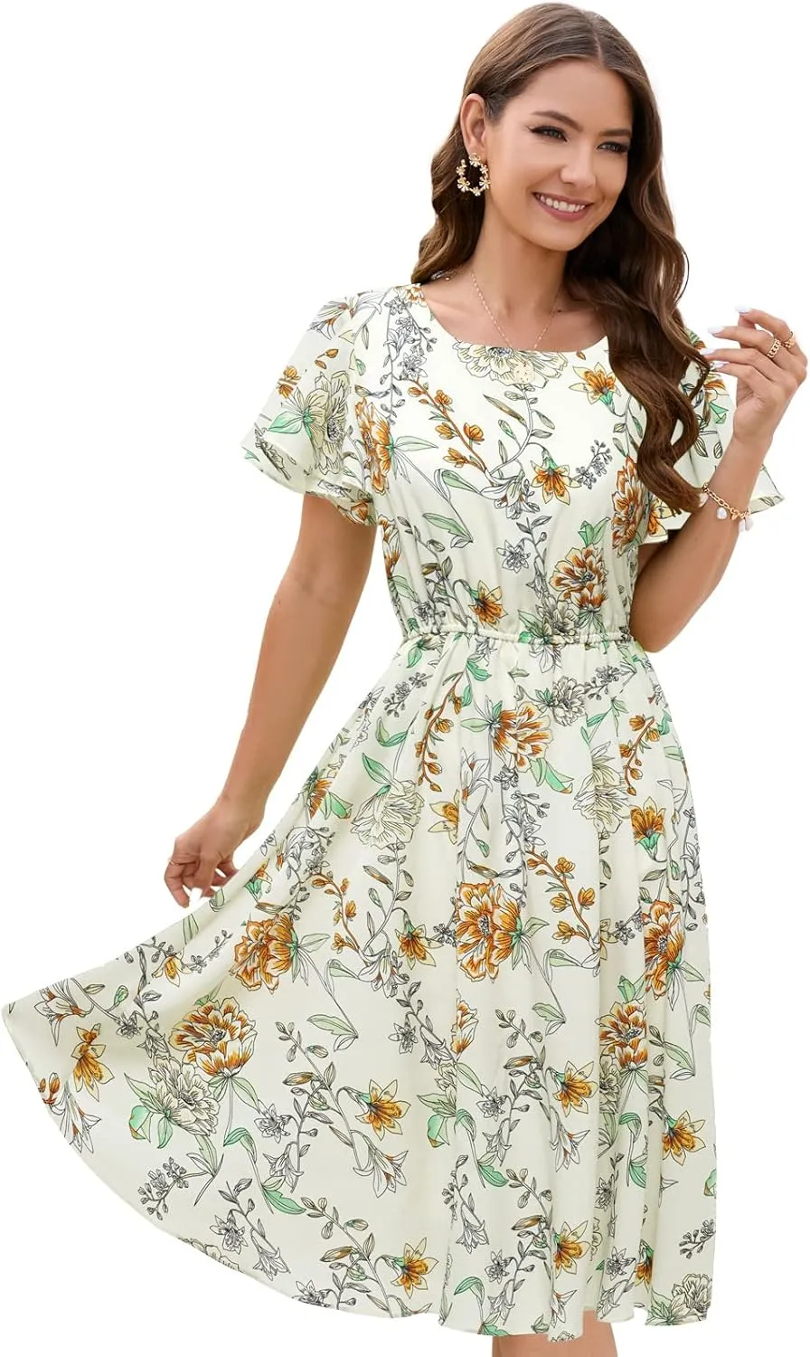 Gardenwed Chiffon Floral Dresses Summer Sun Beach Dresses for Women with Elastic Waist