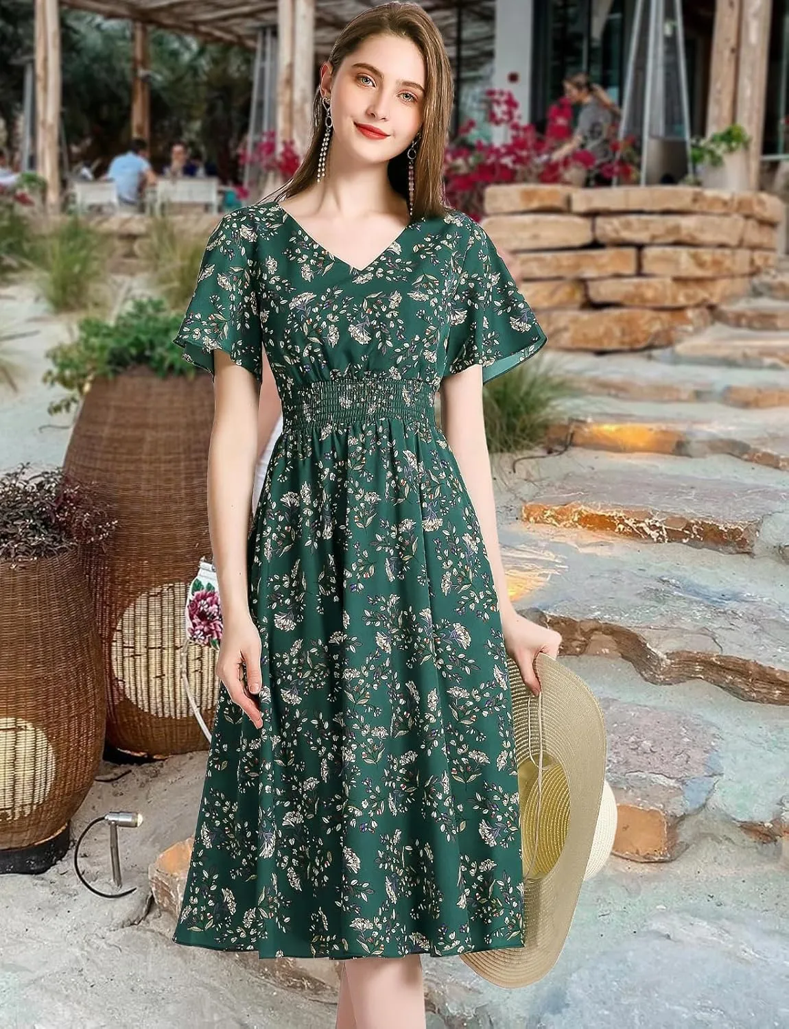 Gardenwed Chiffon Floral Dresses Summer Sun Beach Dresses for Women with Elastic Waist