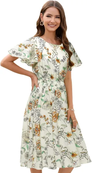 Gardenwed Chiffon Floral Dresses Summer Sun Beach Dresses for Women with Elastic Waist