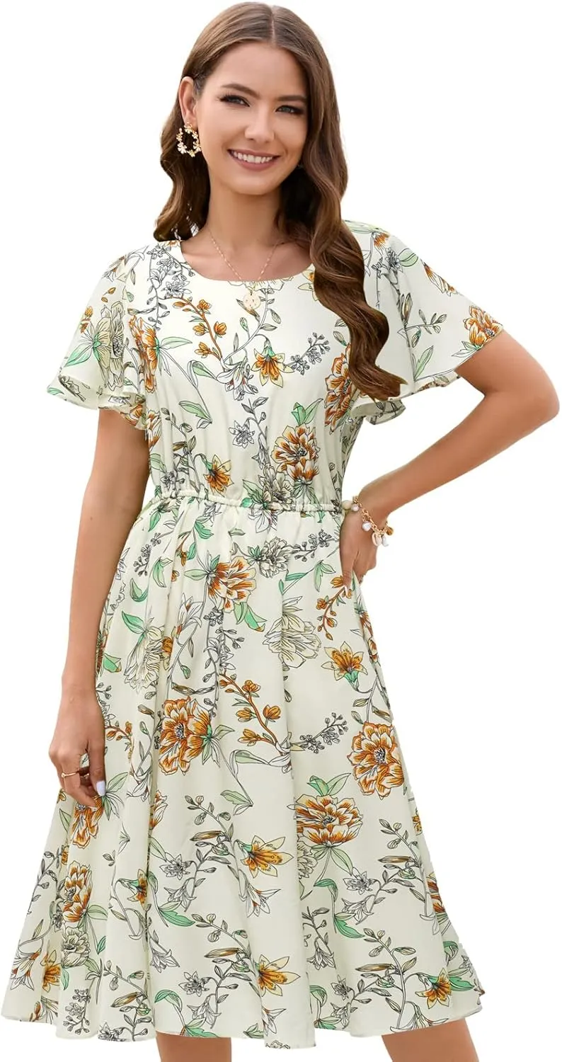 Gardenwed Chiffon Floral Dresses Summer Sun Beach Dresses for Women with Elastic Waist