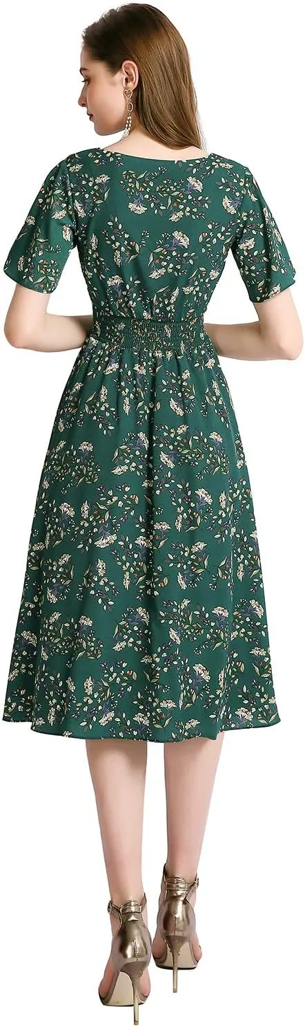 Gardenwed Chiffon Floral Dresses Summer Sun Beach Dresses for Women with Elastic Waist