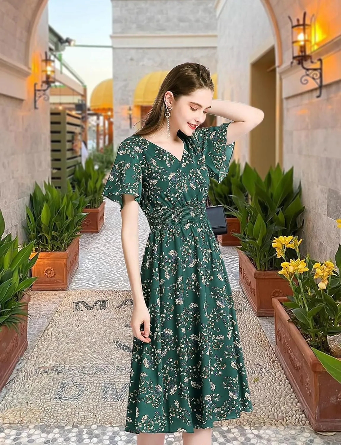Gardenwed Chiffon Floral Dresses Summer Sun Beach Dresses for Women with Elastic Waist
