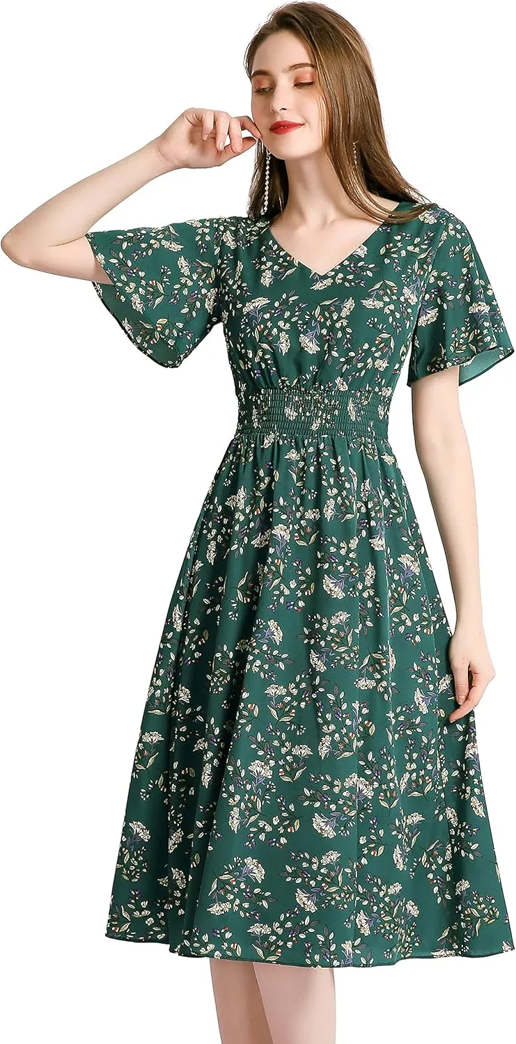 Gardenwed Chiffon Floral Dresses Summer Sun Beach Dresses for Women with Elastic Waist