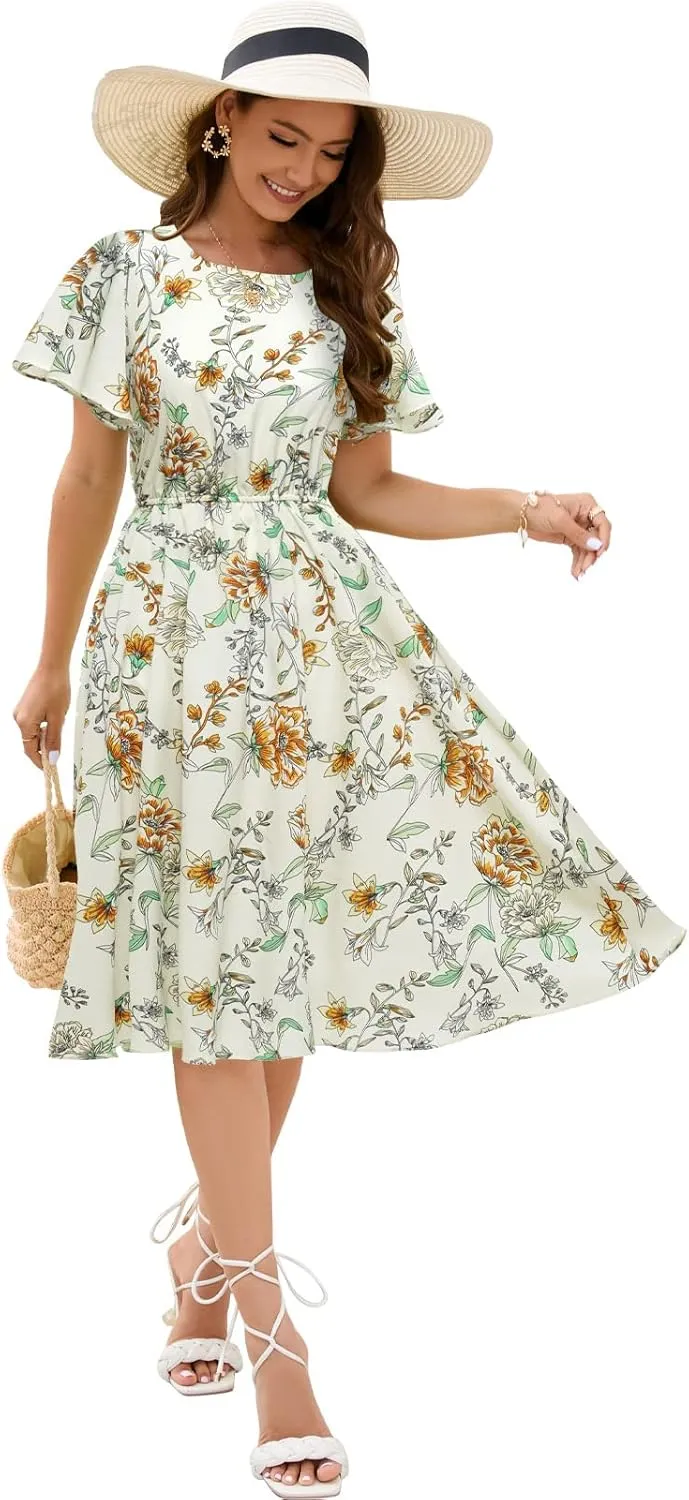 Gardenwed Chiffon Floral Dresses Summer Sun Beach Dresses for Women with Elastic Waist