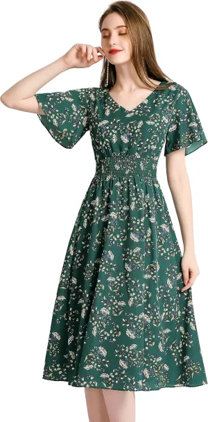Gardenwed Chiffon Floral Dresses Summer Sun Beach Dresses for Women with Elastic Waist