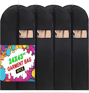 Garment Bag, 24'' x 43'' Suit Bag, 4 Packs, Dress Bags for Gowns, Garment Bags for Travel, Travel Garment Bag, Garment Bags for Hanging Clothes, Washable Suit Cover for Suits, Coats (Black)