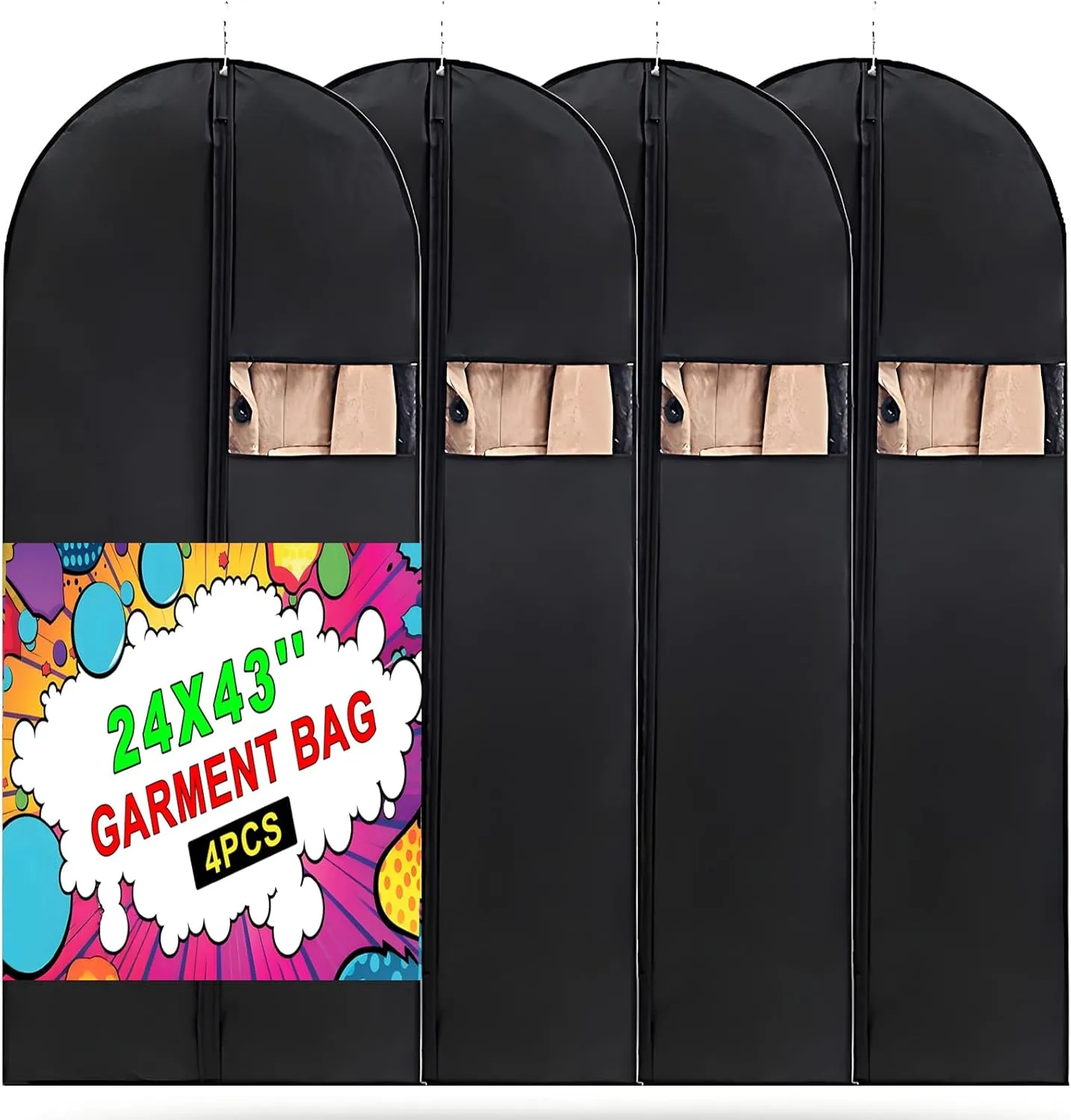 Garment Bag, 24'' x 43'' Suit Bag, 4 Packs, Dress Bags for Gowns, Garment Bags for Travel, Travel Garment Bag, Garment Bags for Hanging Clothes, Washable Suit Cover for Suits, Coats (Black)