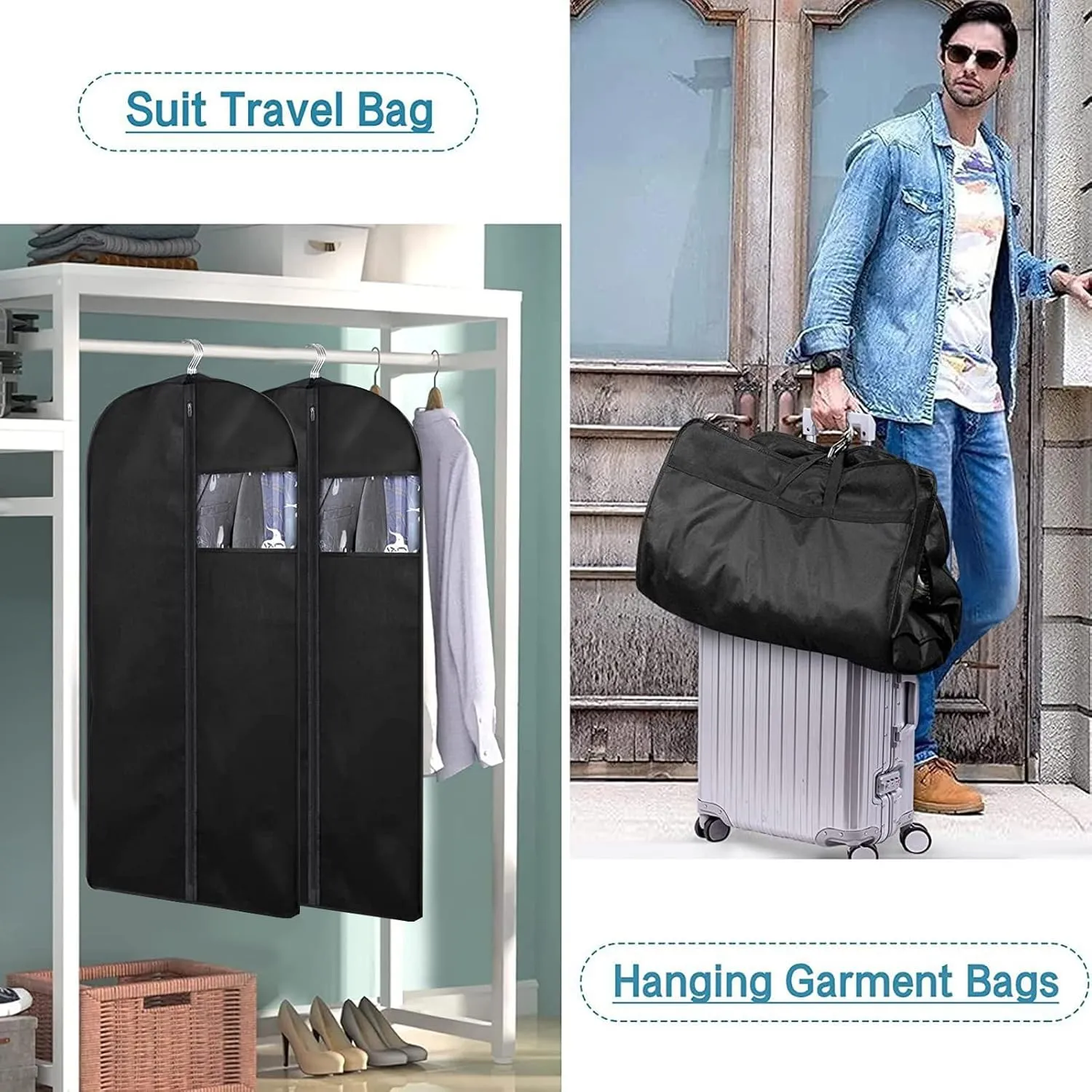 Garment Bag, 24'' x 43'' Suit Bag, 4 Packs, Dress Bags for Gowns, Garment Bags for Travel, Travel Garment Bag, Garment Bags for Hanging Clothes, Washable Suit Cover for Suits, Coats (Black)