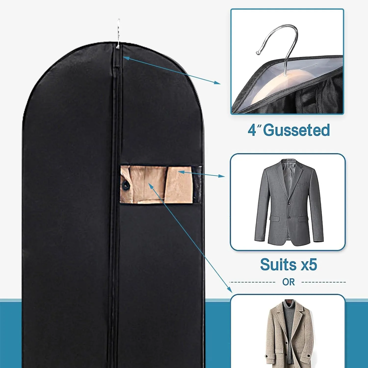 Garment Bag, 24'' x 43'' Suit Bag, 4 Packs, Dress Bags for Gowns, Garment Bags for Travel, Travel Garment Bag, Garment Bags for Hanging Clothes, Washable Suit Cover for Suits, Coats (Black)