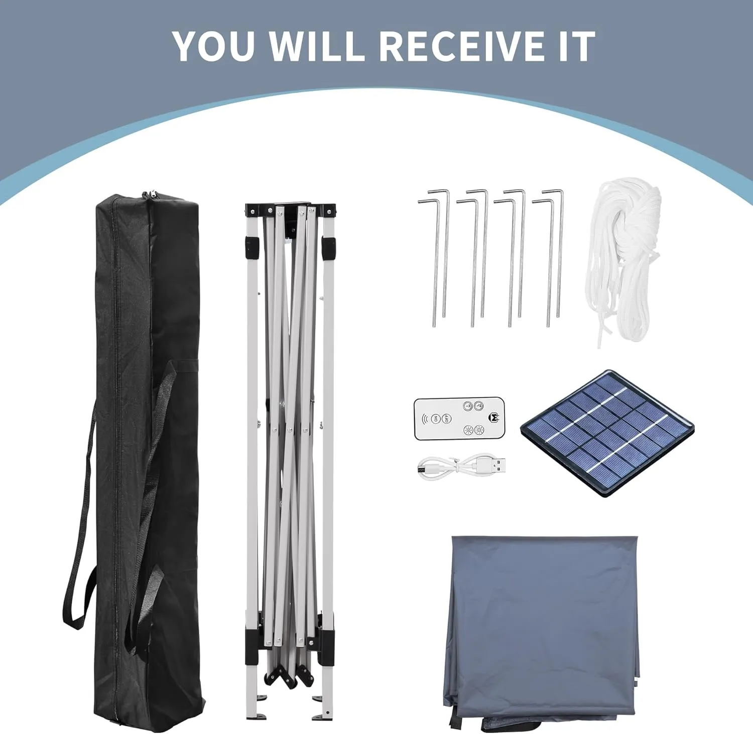 GDY 10ft Instant Lighted Canopy Patio Pop up Gazebo Canopy Tent with Carry Bag and Remote Control, Solar Power and Batteries,Grey.