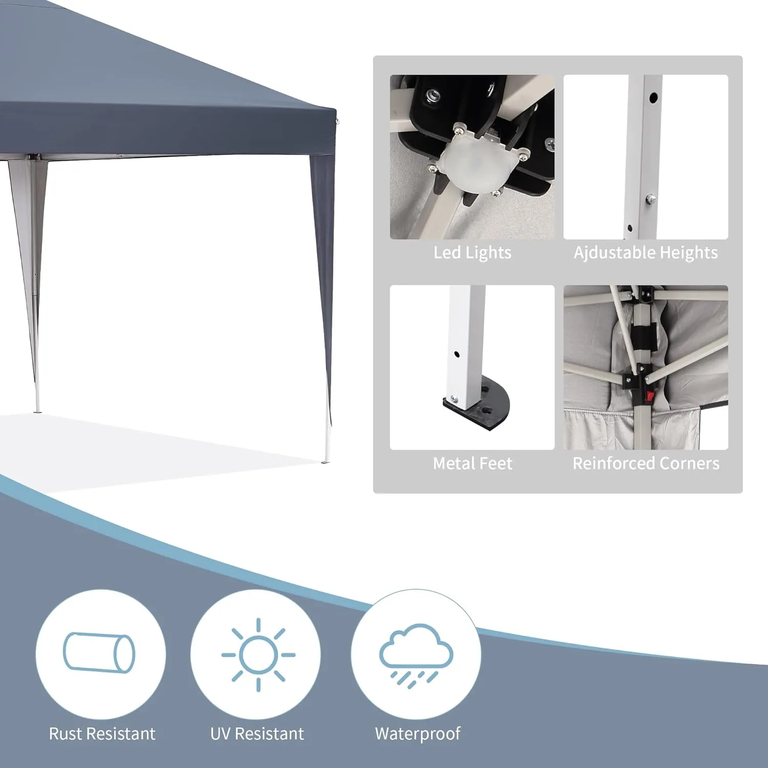 GDY 10ft Instant Lighted Canopy Patio Pop up Gazebo Canopy Tent with Carry Bag and Remote Control, Solar Power and Batteries,Grey.