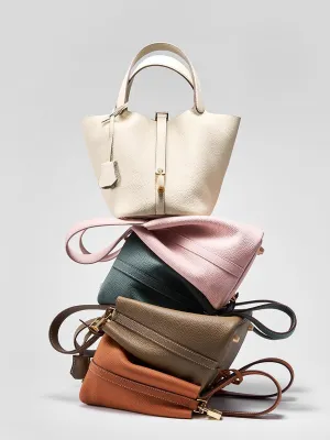 Genuine Leather Lock Design Bucket Bag Vegetable Basket, Versatile Shoulder Handbag Satchel Purses
