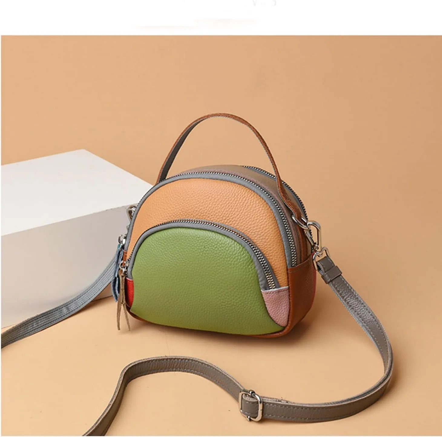 Genuine Leather Shoulder Bags for women,color blocking cowhide crossbody bags,multi layered handbag,Triple Zip Purses