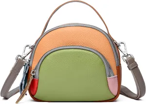 Genuine Leather Shoulder Bags for women,color blocking cowhide crossbody bags,multi layered handbag,Triple Zip Purses