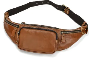 Genuine Leather Slim Waist Pack for Man & Woman, Vintage Design & 4 Zipper Pockets & Adjustable Strap, Large Capacity Fanny Pack Crossbody Belt Bag for Travel or Ride, Light Coffee