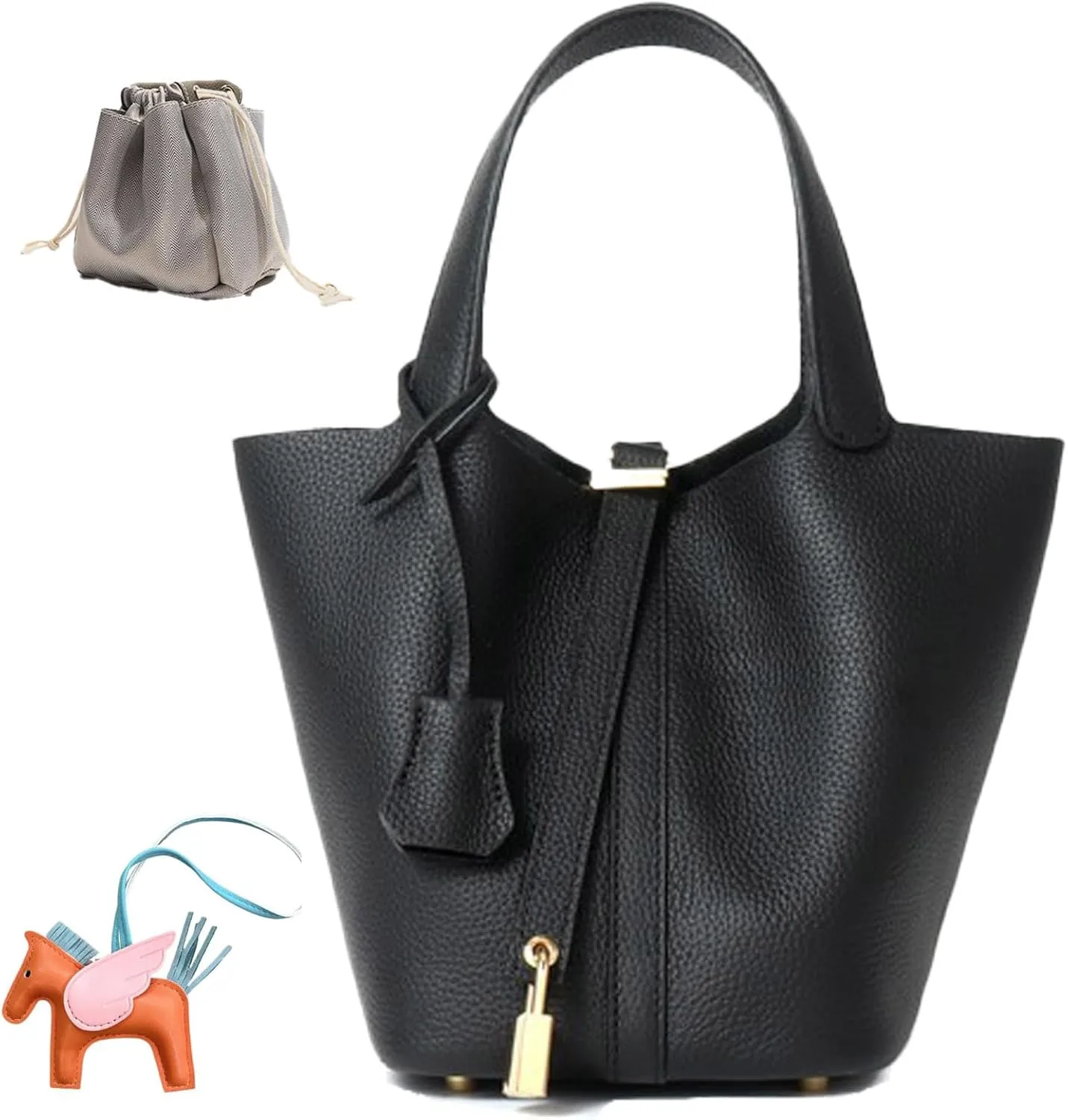Genuine Leather Women's Bucket Bag Fashionable Lock Closure, Elegant Portable Shoulder Bag for Daily Use fashion Female Bag