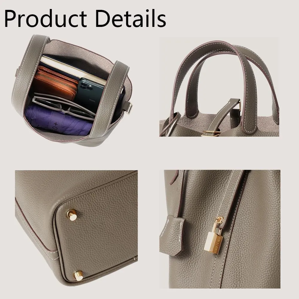 Genuine Leather Women's Bucket Bag Fashionable Lock Closure, Elegant Portable Shoulder Bag for Daily Use fashion Female Bag