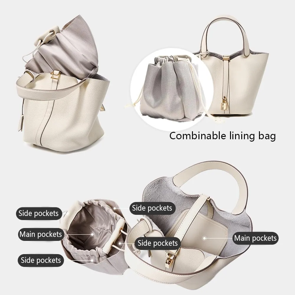 Genuine Leather Women's Bucket Bag Fashionable Lock Closure, Elegant Portable Shoulder Bag for Daily Use fashion Female Bag