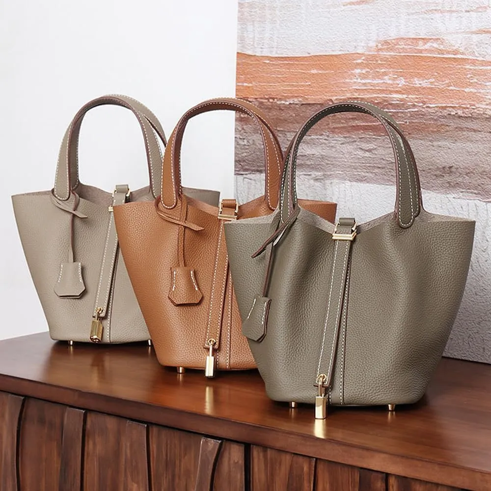 Genuine Leather Women's Bucket Bag Fashionable Lock Closure, Elegant Portable Shoulder Bag for Daily Use fashion Female Bag