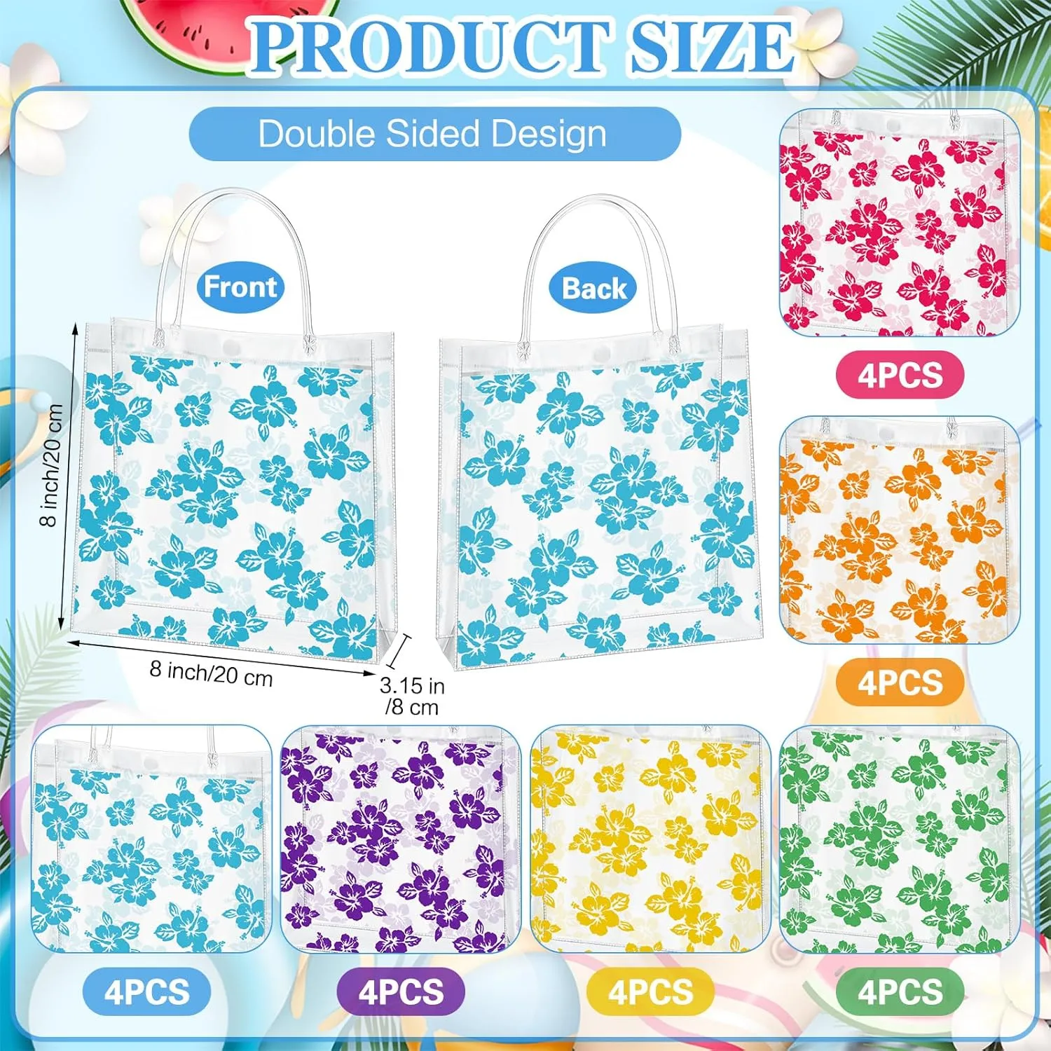 Geyoga 24 Pcs Hawaiian Gift Bags with Handle Luau Party Favors Summer Tropical Clear Gift Bags PVC Tote for Goodie Summer Tropical Aloha Luau Tiki Party Favor, 8 x 8 x 3.15 Inches