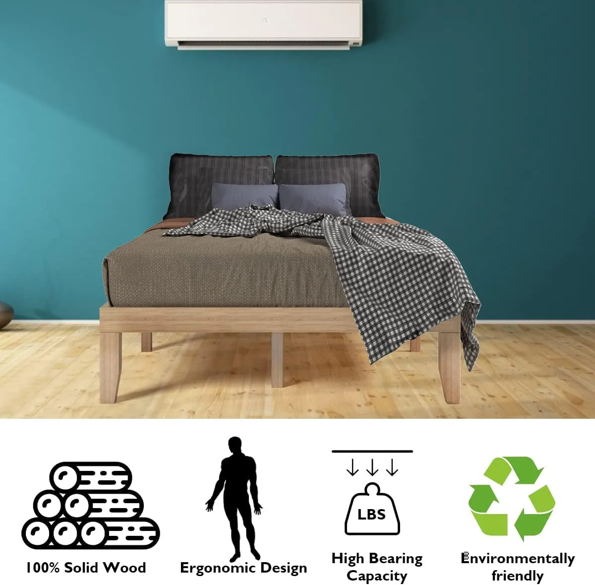 Giantex 14 Inch Queen Wood Platform Bed Frame, Minimalist Mattress Foundation with Solid Rubber Wood, Heavy Duty Wood Slat Support, Without Headboard, Easy Assembly, No Box Spring Needed, Natural