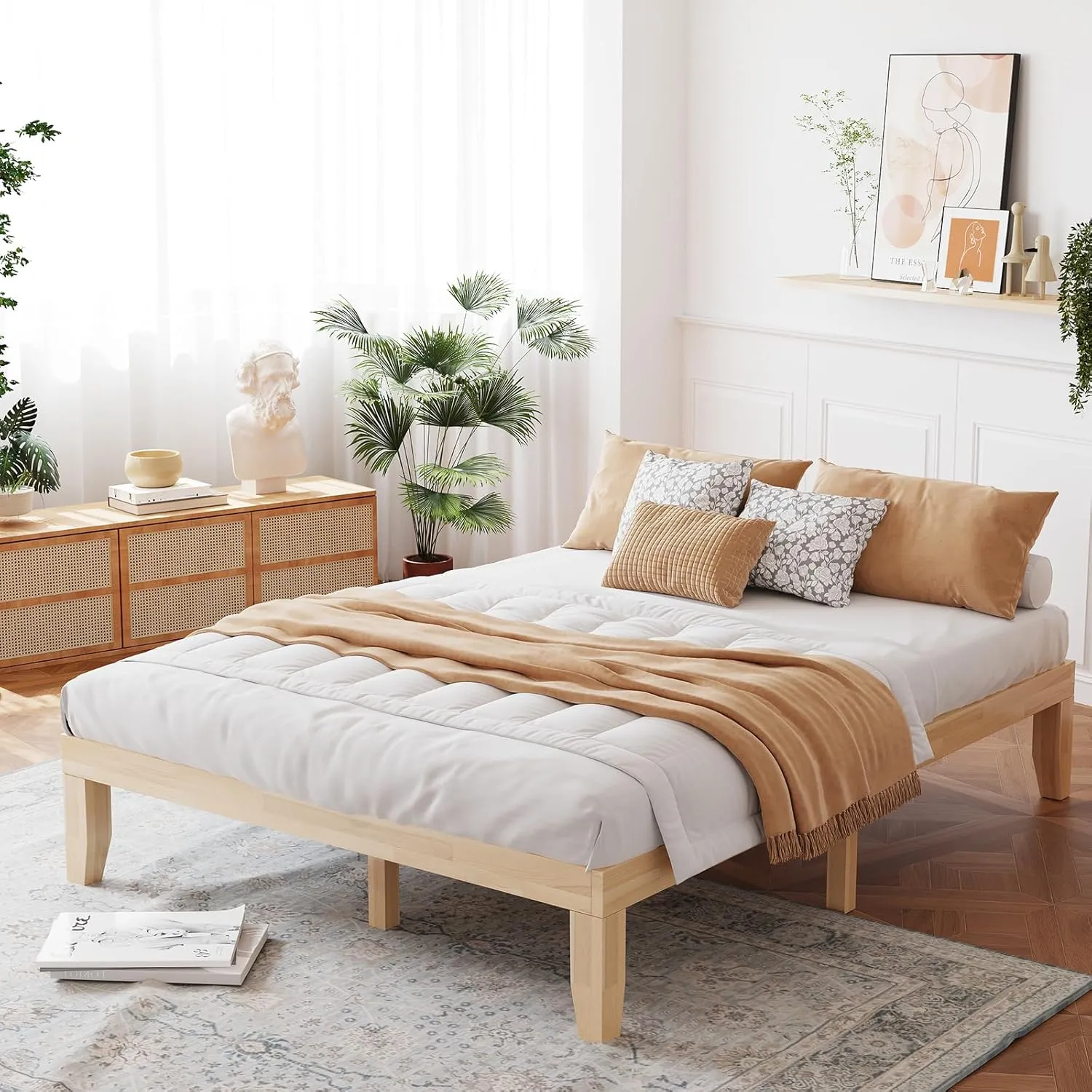 Giantex 14 Inch Queen Wood Platform Bed Frame, Minimalist Mattress Foundation with Solid Rubber Wood, Heavy Duty Wood Slat Support, Without Headboard, Easy Assembly, No Box Spring Needed, Natural
