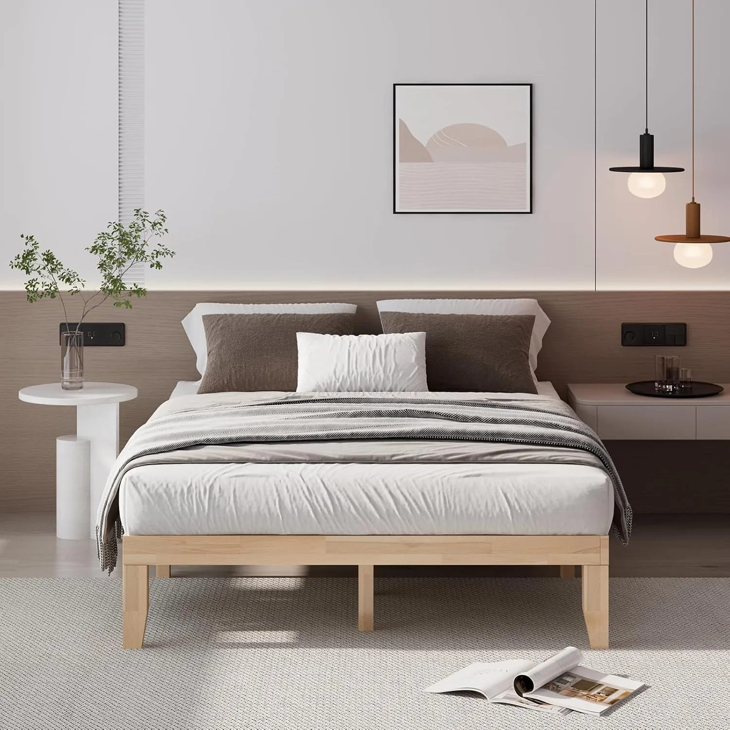 Giantex 14 Inch Queen Wood Platform Bed Frame, Minimalist Mattress Foundation with Solid Rubber Wood, Heavy Duty Wood Slat Support, Without Headboard, Easy Assembly, No Box Spring Needed, Natural