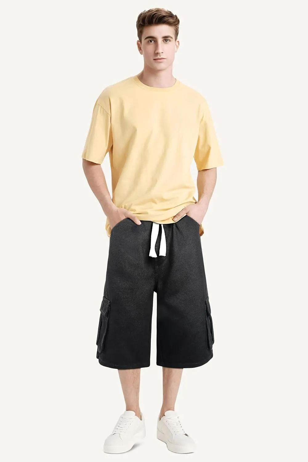 GINGTTO Mens Baggy Jean Shorts Cargo Long Denim Shorts Elastic Waist 15 Inch Inseam