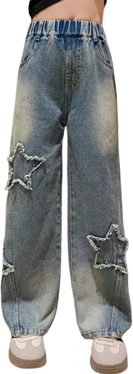 Girls Baggy Wide Leg Jeans Elastic Waist Casual Washed Denim Pants Age 5-14