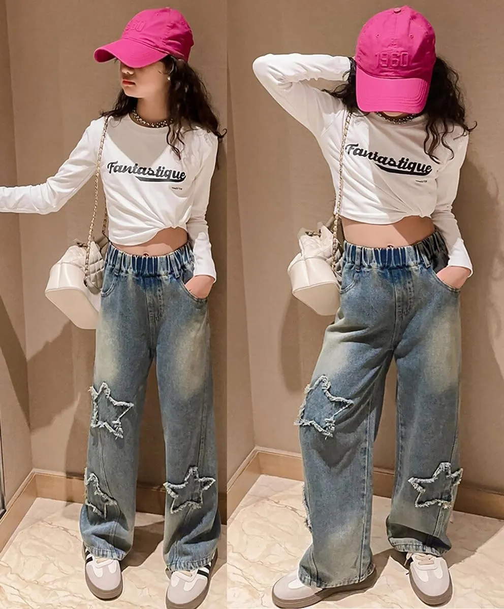 Girls Baggy Wide Leg Jeans Elastic Waist Casual Washed Denim Pants Age 5-14