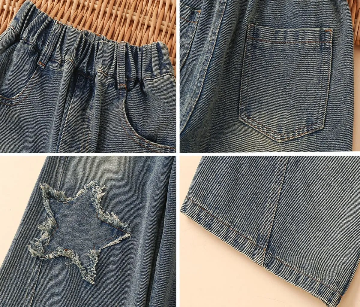 Girls Baggy Wide Leg Jeans Elastic Waist Casual Washed Denim Pants Age 5-14