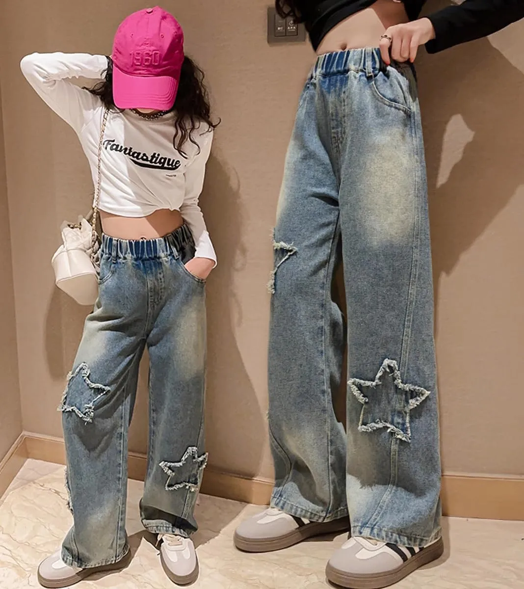 Girls Baggy Wide Leg Jeans Elastic Waist Casual Washed Denim Pants Age 5-14