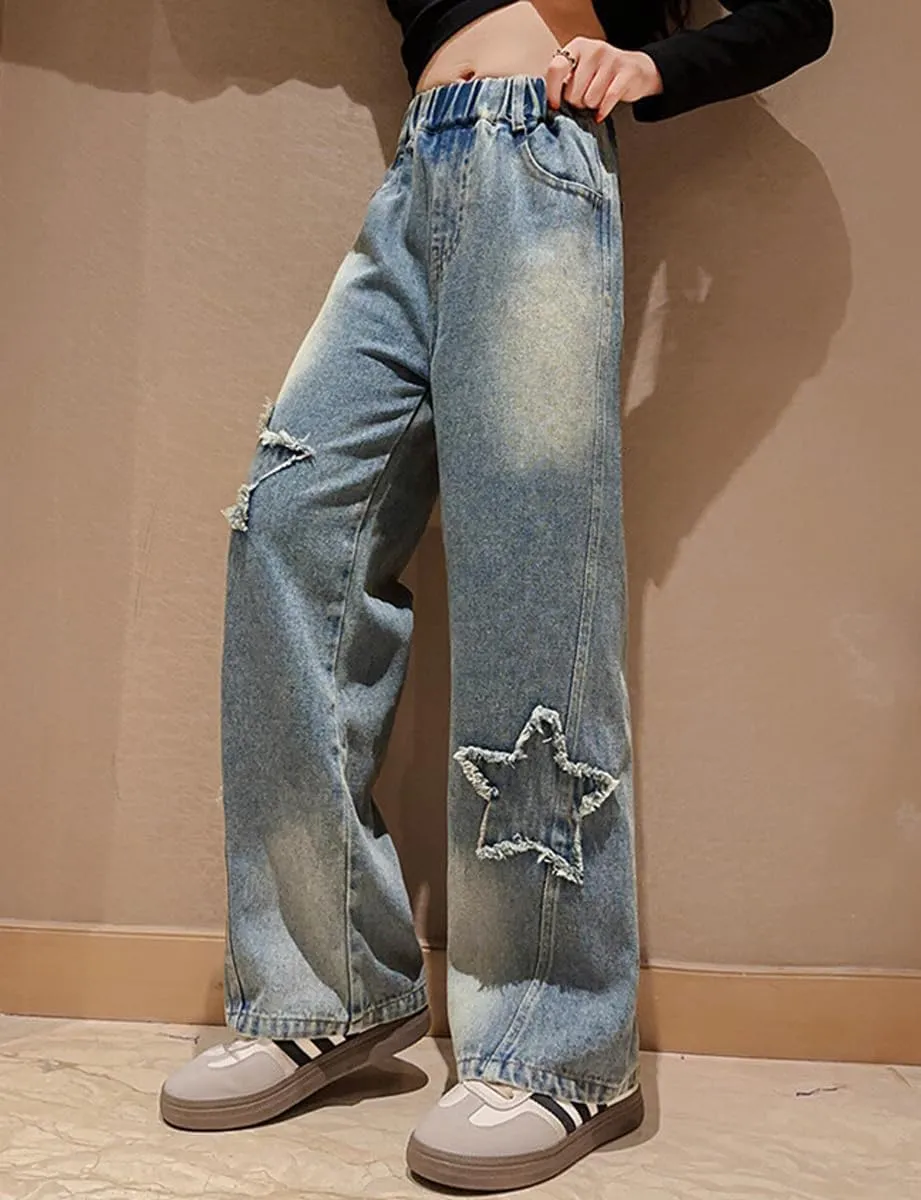 Girls Baggy Wide Leg Jeans Elastic Waist Casual Washed Denim Pants Age 5-14
