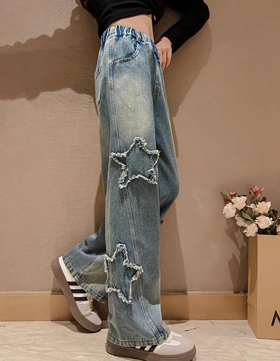 Girls Baggy Wide Leg Jeans Elastic Waist Casual Washed Denim Pants Age 5-14