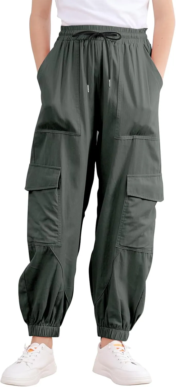 Girls Cargo Pants Baggy Joggers Lightweight Elastic Waist Drawstring with Pockets Casual Travel Hiking Streetwear
