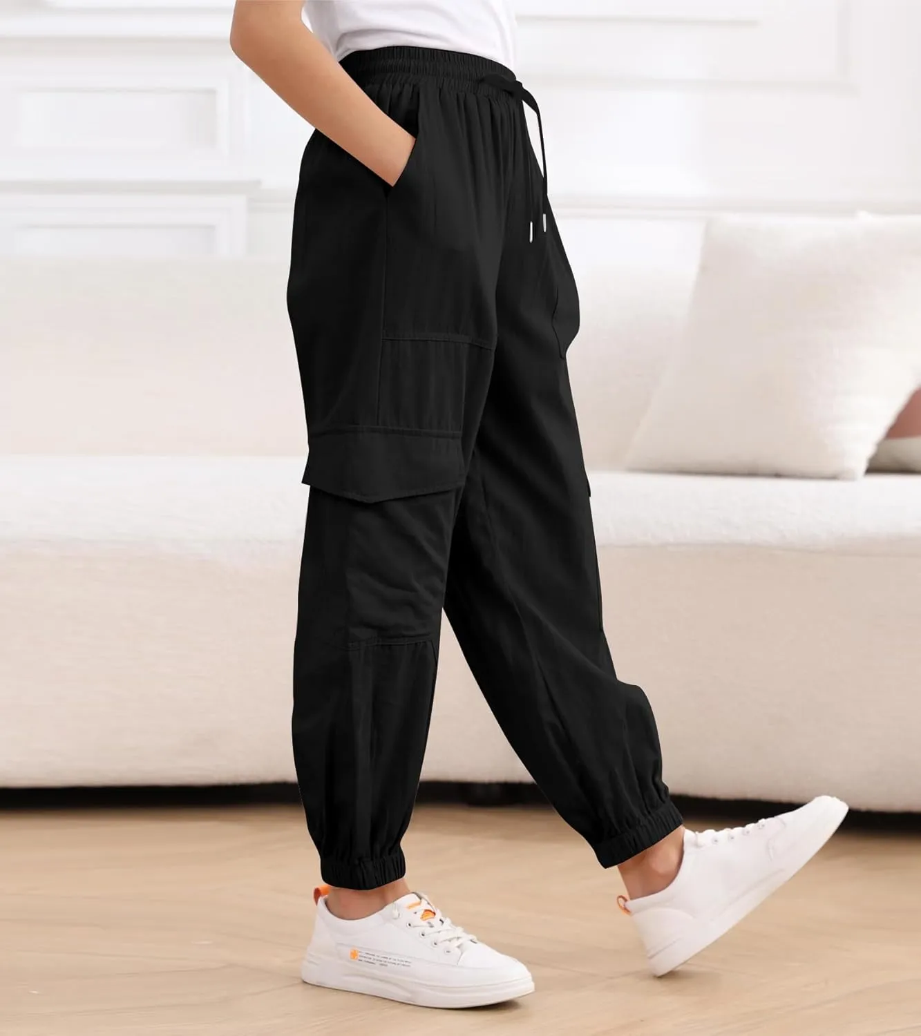 Girls Cargo Pants Baggy Joggers Lightweight Elastic Waist Drawstring with Pockets Casual Travel Hiking Streetwear