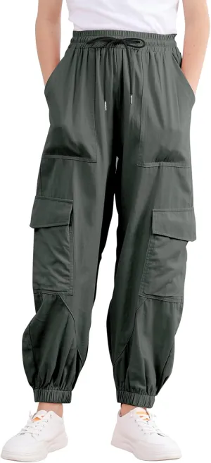 Girls Cargo Pants Baggy Joggers Lightweight Elastic Waist Drawstring with Pockets Casual Travel Hiking Streetwear