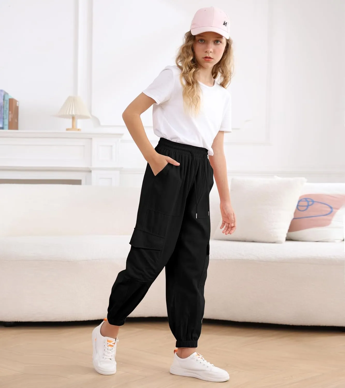 Girls Cargo Pants Baggy Joggers Lightweight Elastic Waist Drawstring with Pockets Casual Travel Hiking Streetwear