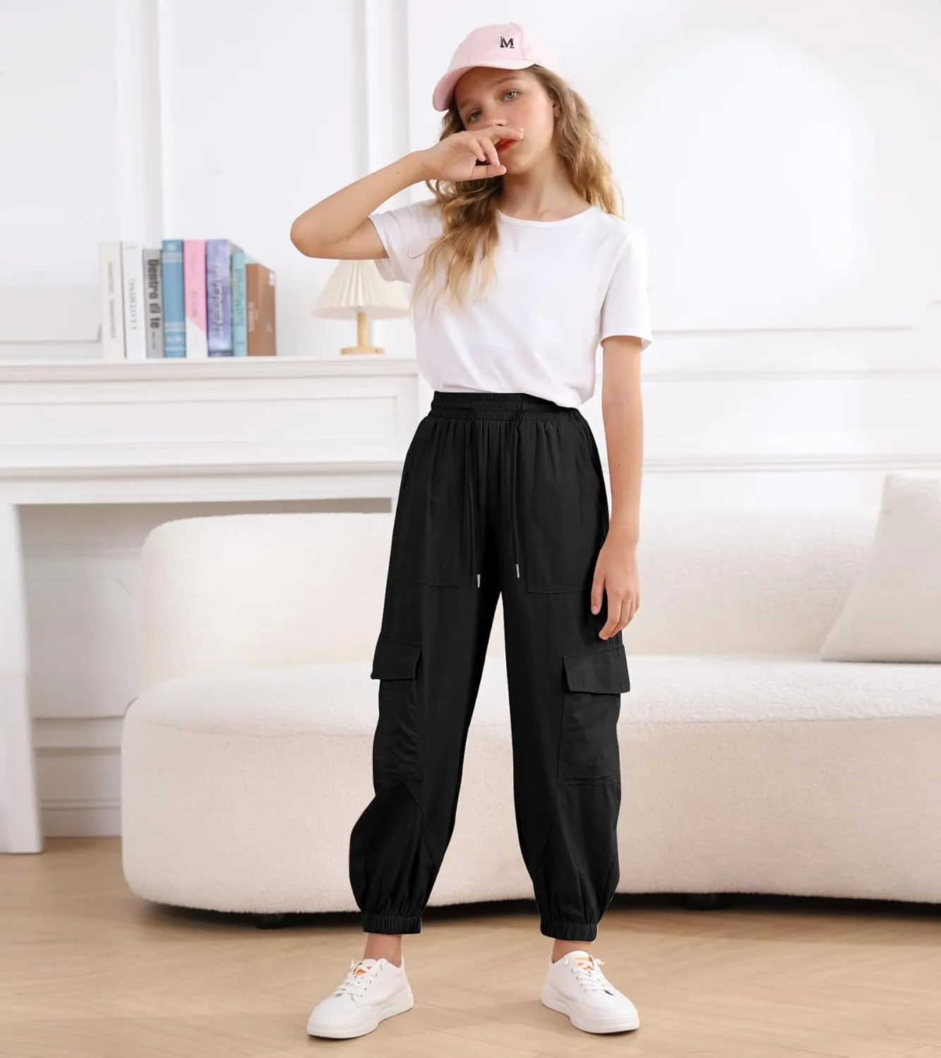 Girls Cargo Pants Baggy Joggers Lightweight Elastic Waist Drawstring with Pockets Casual Travel Hiking Streetwear